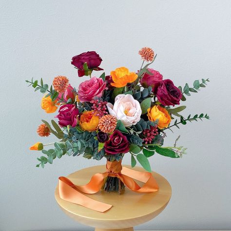 Wedding Bouquet Artificial, Silk Flower Bouquet, Peach Bouquet, Orange Wedding Flowers, Silk Flower Bouquets, Bouquet Bridal, Artificial Flower Bouquet, Orange Poppy, Flower Studio