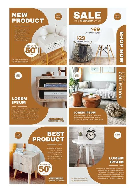 6 Furniture Instagram Feed Templates PSD Furniture Instagram Feed, Instagram Feed Theme Layout, Instagram Feed Template, Free Social Media Templates, Furniture Business, Instagram Feed Layout, Social Media Branding Design, Sale Logo, Media Kit Template