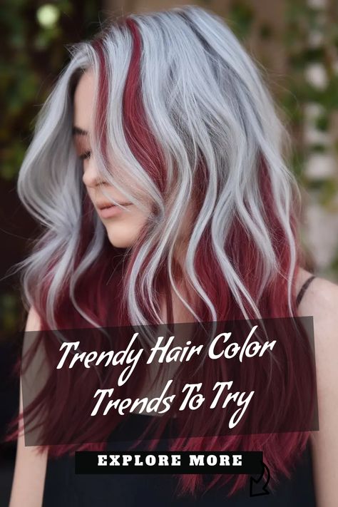 Discover the hottest hair color trends of the season that will have you looking and feeling fabulous! From warm caramel highlights to icy platinum hues, there's a shade for everyone. Whether you want to go bold with vivid rainbow colors or keep it subtle with a natural balayage, we've got you covered. Stay ahead of the curve and bring your hair game to the next level with these trendy looks. Get ready to turn heads and unleash your inner style icon with these must-try hair color trends! Subtle Rainbow Hair, Red And Platinum Hair, Silver And Red Hair, Red And Silver Hair, Red Hair With Silver Highlights, White And Red Hair, Grey Blending, Natural Balayage, Red Ombre Hair