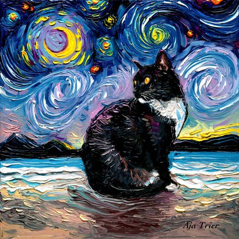 Cat On Beach, Starry Beach, Aja Trier, Tuxedo Cat Art, فنسنت فان جوخ, Art Plage, Cat Night, Starry Night Art, Beach Canvas Art