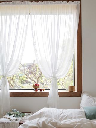 Designer fashion, Seoul-fully created | W Concept Sheer White Curtains, Chiffon Curtains, Pretty Sheets, Tie Up Curtains, Fresh Bedroom, Elegant Tablecloth, Velcro Tape, White Sheer Curtains, Stylish Curtains