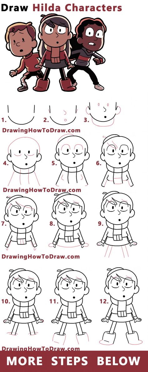 How to Draw Hilda Characters (Hilda, David, and Frida) Easy Step by Step Drawing Tutorial for Kids - How to Draw Step by Step Drawing Tutorials Hilda Drawing Style, How To Draw Illustrations Step By Step, Easy Character To Draw, Hilda Character Sheet, Hilda Character Design, Hilda Outfit, Hilda And Frida, Hilda X David, Hilda Art Style