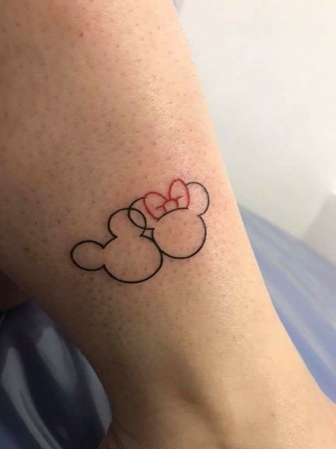 Mickey And Minnie Outline Tattoo, Small Mickey Mouse Tattoo Simple, Disney Tattoos Mickey, Minnie Mouse Tattoo, Minnie Y Daisy, Mickey And Minnie Tattoos, Minnie Tattoo, Cartoon Tattoo Ideas, Mickey Tattoo