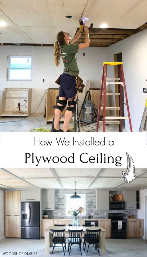 Add a unique touch to your ceiling with simple plywood and some trim. I'll show you how we did it in this tutorial. Plywood ceiling DIY tutorial. Wood ceiling how to. Using plywood helps keep costs (and weight) down when installing a wood ceiling. It also gives you tons of options to customize it when trimming out the seams! Tiny Garage, Plywood Ceiling, Home Bar Rooms, Basement Remodel Diy, Basement Living Rooms, Bar Basement, Home Hall Design, Kids Bedroom Inspiration, Basement Makeover