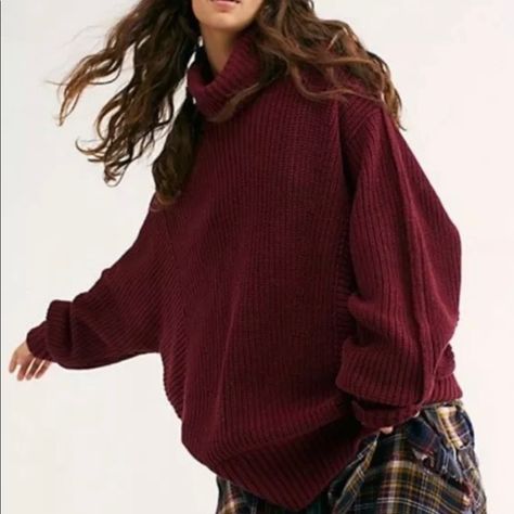 Brand New!Free People- Sweater Burgundy S Turtleneck Oversized Fit Soft 54% Cotton 2% Nylon Maroon Sweater Outfit, Burgundy Clothing, Burgundy Sweater Outfit, Burgundy Cardigan, Downtown Outfits, Oversized Turtleneck Sweater, Oversized Turtleneck, Maroon Sweater, Sweater Oversize