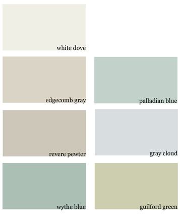 Palladian blue in the bathroom, edgecomb gray in the kids' rooms, guilford green in the guest room....color scheme choices Guilford Green, Interior Paint Colors For Living Room, Wythe Blue, Palladian Blue, Edgecomb Gray, Benjamin Moore Gray, Interior Paint Colors Schemes, Choosing Paint Colours, Benjamin Moore White