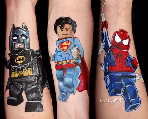 Lego Superheroes – Arm art Lego Spiderman Tattoo, Lego Tattoo Ideas, Face Painting Fairy, Batman Face Paint, Superhero Tattoos, Lego Tattoo, Marcos Halloween, Face Painting Images, Batman Face