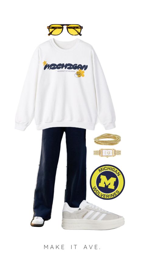 u of m Michigan sweatshirt outfit inspiration for football game game day. this Michigan crewneck and other Michigan merch like baby tees, hoodies, sweatshirts, and t shirts can be found through the link in our bio. Michigan Sweatshirt, Michigan M, U Of M, Outfit For Travel, Baby Tees, Sweatshirt Outfit, University Of Michigan, Gameday Outfit, Football Game