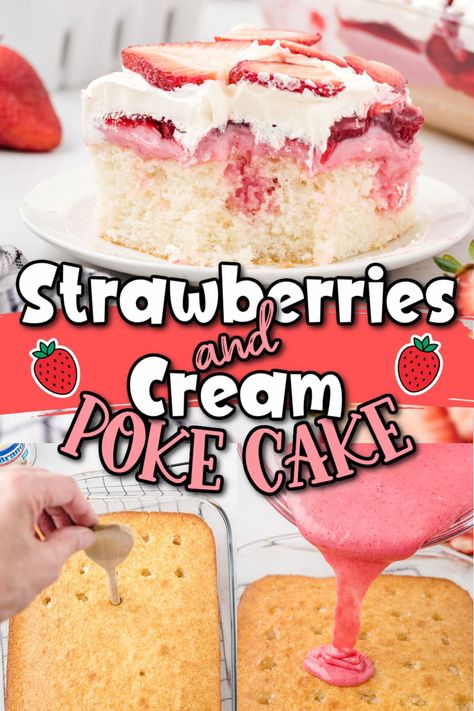 Our Strawberry Poke Cake (Strawberries and Cream) is an incredibly light and super refreshing dessert. It's a moist vanilla cake that’s oozing with delicious white chocolate and strawberry filling in every bite. Topped off with creamy whipped topping and fresh strawberries for the perfect fruity summer dessert. Poke Cake Recipes Vanilla Pudding, White Chocolate Strawberry Dessert, Strawberry Pudding Poke Cake, Strawberry Shortcake Poke Cake Easy, Easter Poke Cake Recipes, Crockpot Cakes, White Cake With Strawberry Filling, Strawberry And Vanilla Cake, Strawberries And Cream Dessert