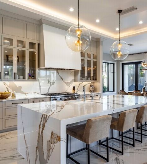 White Kitchen Cabinets With Waterfall Island, Marble Kitchen Island Modern, Marble Island Kitchen, Multipurpose Kitchen Island, Big Kitchen Design, Kitchen Counter Design, Kitchens 2021, Modern Kitchen Trends, Waterfall Island Kitchen