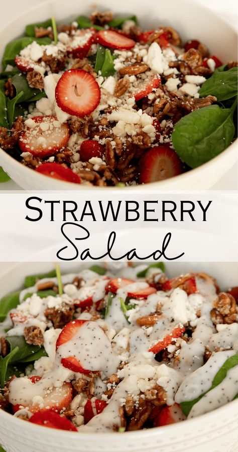 This easy strawberry salad recipe comes together in about 15 minutes and is super easy to make! Its a light and fresh side dish best during spring and summer strawberry season! Easy Strawberry Salad Recipe, Easy Strawberry Salad, Easy Candied Pecans, Salad With Candied Pecans, Candied Pecans For Salad, Strawberry Salad Recipe, Easy Cheap Dinner Recipes, Easy Cheap Dinners, Poppy Seed Dressing