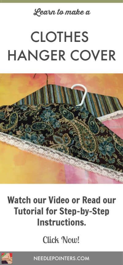 How to make a Clothes Hanger Cover | Needlepointers.com How To Cover Hangers With Fabric, Fabric Covered Hangers Diy, Hanger Covers Pattern, Fabric Wrapped Hangers, Clothes Hanger Ideas, Lingerie Hangers, Fabric Covered Hangers, Cardboard Hanger, Covered Hangers