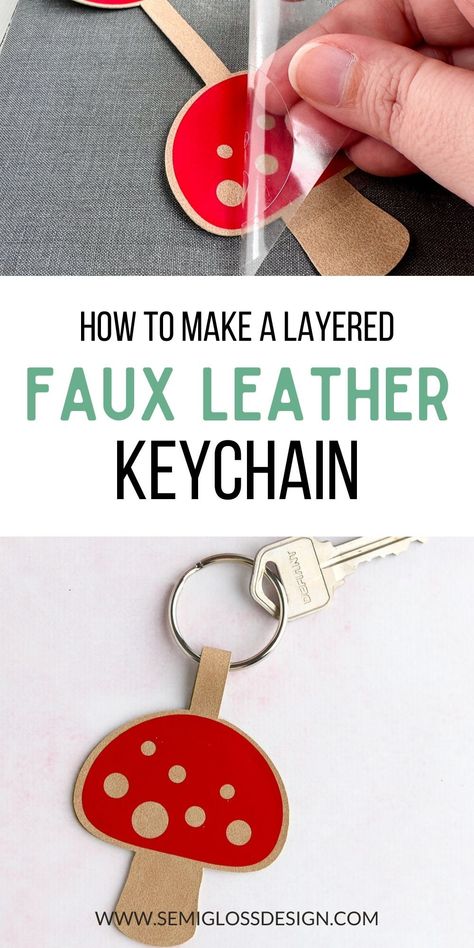 Use your Cricut to make a layered faux leather keychain with this easy tutorial. Download a free mushroom keychain SVG. Faux Leather Scrap Projects, Faux Leather Ideas Cricut, Faux Leather Keychain Cricut, Cricut Faux Leather Projects, Faux Leather Cricut Projects, Cricut Leather Projects, Leather Cricut, Faux Leather Crafts, Cricket Joy