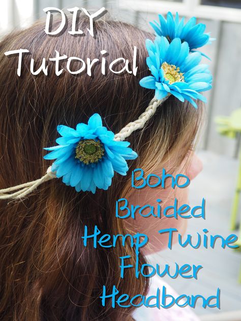 Easy Boho Braided Hemp Twine Flower Headband Tutorial How To Make Boho Headbands, Diy Boho Headband, Woodstock Theme, Flower Headband Hippie, 70s Headband, Flower Headband Diy, Jeans Recycle, Twine Flowers, Macrame Headband