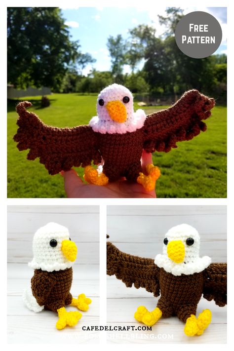 Eagle Amigurumi, Crochet Eagle, Crochet Curtain Pattern, Crochet Bird Patterns, Crochet Patterns Free, Stuffed Dolls, Crochet Birds, Toy Crochet, Crochet Amigurumi Free Patterns