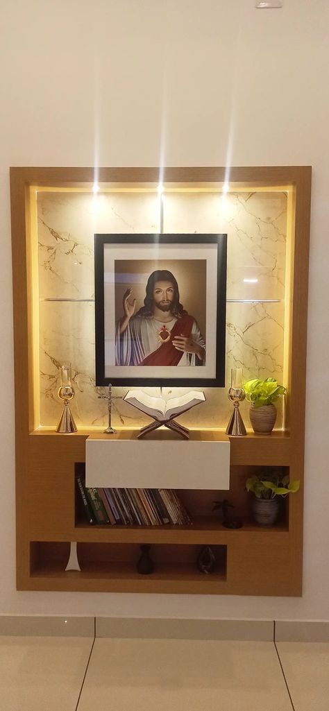 Christian Pooja Room Ideas Indian, Christian Home Altar Ideas, Pray Room Ideas Christian, Christian Home Design, Christian Alter Designs For Home, Catholic Prayer Room Ideas Decor, Christian Home Decor Living Room, Praying Room Christian, Kerala Living Room Designs