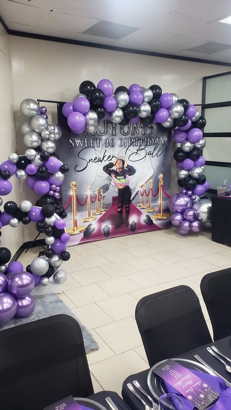 Purple And Silver Prom Decorations, Purple And Silver Balloon Arch, Purple And Silver Backdrop, Purple Black And Silver Backdrop, Balloon Arch Purple And Silver, Graduation Party Purple, Party Tent Decorations, Tent Decorations, Party Tent