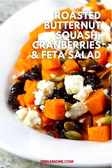 Looking for a healthy and tasty fall salad? Have the sweet roasted butternut squash mixed with tangy cranberries and salty feta cheese for a burst of flavor. Visit my blog for the step-by-step-recioe #byenrilemoine Butternut Squash With Feta And Cranberry, Roasted Butternut Squash With Cranberries And Feta Mia Recipes, Butternut Squash Feta Recipes, Cranberry Glazed Roasted Butternut, Butternut Squash Oven, Butternut Squash Feta, Sprouting Sweet Potatoes, Butternut Squash Sweet, Butternut Squash Casserole