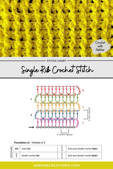 Single Rib Stitch crochet Pattern free instructions and tutorial and free printable crochet chart from aabharcreations Crochet Row Patterns, Stretch Crochet Stitch, Crochet Stitch Diagram Charts, Rib Crochet Stitch, Ribbing Crochet Pattern, Crochet Stitch Swatches, Crochet Ribbing Stitch, Crochet Stitch Diagram, Rib Stitch Crochet