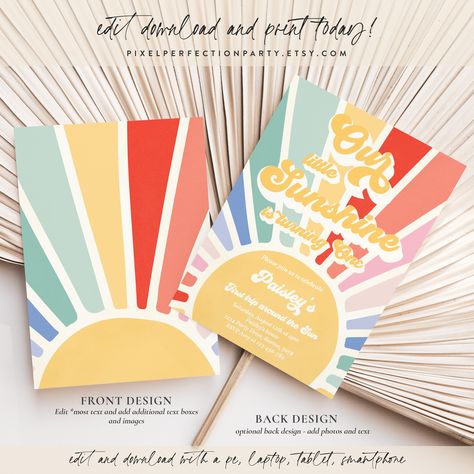 One In The Sun, Sunshine 1st Birthday, Sunshine Baby Shower Invitations, Sunshine Birthday Parties, Boho Birthday Party, Rainbow Invitations, Sunshine Baby Showers, Muted Rainbow, 1st Birthday Party Invitations