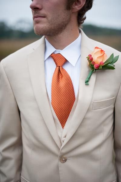 Tan Suit Orange Tie, Sunset Groomsmen Attire, Light Tan Suit, Terracota Wedding, Tan Groomsmen, Prom Tux, Suit For Men Wedding, Orange Wedding Themes, Groomsmen Grey