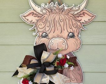 Highland Cow Door Hanger, Highland Cow Wreath, Cow Door Hanger, Cow Wreath, Baby Highland Cow, Homeowner Gift, Cow Decor, New Homeowner Gift, Christmas Door Hanger