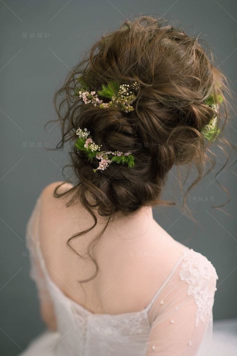 "Get Ready to Slay with 28 Irresistible Curly Hair Styles! Unlock the Secrets to Effortless Elegance. Click Now. Nature Wedding Hairstyles, Prom Hairstyles Fairy, Fairy Core Wedding Hair, Enchanted Hairstyles For Prom, Forest Princess Hairstyle, Enchanted Garden Prom Hair, Wedding Hair Ethereal, Ethereal Hair Wedding, Ethereal Hairstyles Aesthetic