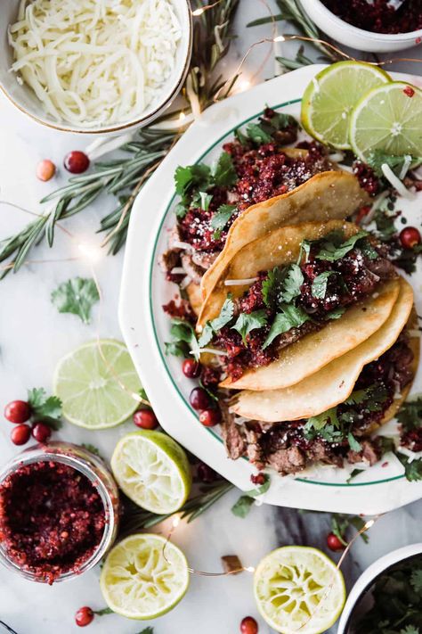 Tender crispy carne asada with sweet and savory cranberry salsa, seriously delish! These Christmas tacos are going to be your new favorite holiday dinner! We’re making the carne asada extra tender and juicy with a little crispy edges by using our new favorite pressure cooker + slow cooker + air fryer in one with the @crockpot Express Crisp Pressure Cooker. || Oh So Delicioso #carneasada #tacorecipes #holidayrecipes @kohls Christmas Taco Bar, Prime Rib Tacos, Fancy Tacos, Christmas Tacos, Maseca Recipes, Taco Christmas, Taco Ideas, Crockpot Express, Traditional Christmas Dinner