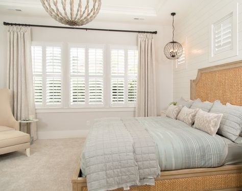 Hamptons Window Coverings, Bedroom Window Shutters Ideas, Mixing Window Treatments In A Room, Shutter Blinds And Curtains, Big Window Treatments Living Rooms, New Home Window Treatments, Curtains With Shutters Bedroom, Different Window Treatments In Same Room, Coastal Home Window Treatments