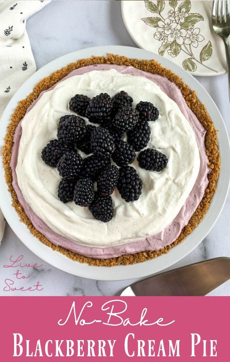 A graham cracker crust filled with blackberry cream, topped with fresh whipped cream and blackberries! Blackberry Whipped Cream, Blackberry Cream Pie, Blackberry Cream Cheese Pie, Blackberry Cream Cheese Dessert, No Bake Frozen Blackberry Pie, Wild Blackberry Pie, Icebox Pies, Brownie Pie Recipe, Fresh Whipped Cream