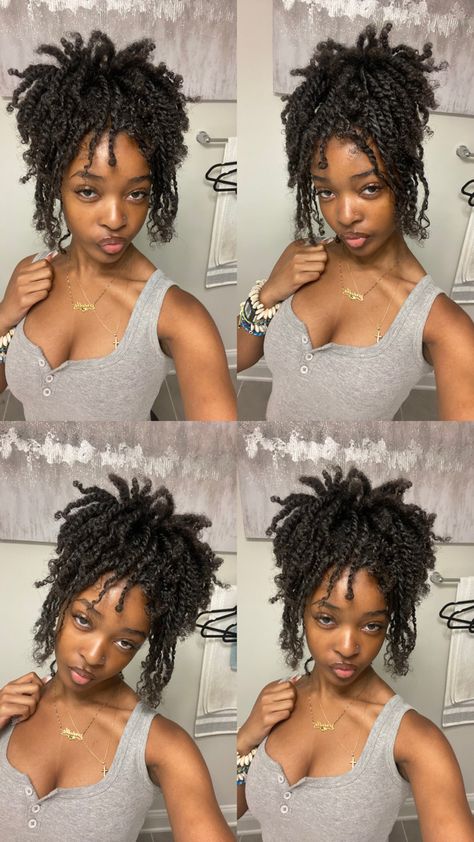 Mini Twists With Flat Twist, Twists With Bangs For Black Women, Mini Twist Updo Styles, Very Short Twists Natural Hair, Short Mini Twist Hairstyles With Extensions, Curly Mini Twists, 4b Protective Hairstyles, Side Part Wash And Go Natural Hair, Layered Mini Twists