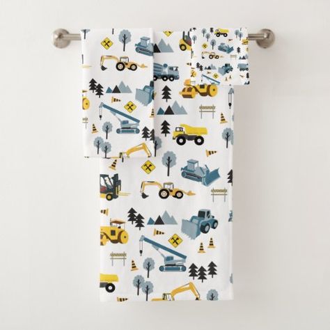 Blue, yellow and white themed Construction Trucks - Dump Truck, Excavator, Crane, Bulldozer, Road Roller, Concrete Truck, Front End Loader and Backhoe. Getting dirty with construction trucks is always fun. Perfect for heavy machinery enthusiasts. #ad Front End Loader, Concrete Truck, Patterned Bath Towels, Construction Trucks, Construction For Kids, Heavy Machinery, Bathroom Towel, Dump Truck, Bath Towel Sets