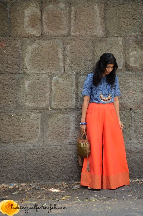 colour blast with Indian Tadka Palazzo Tops Indian, Plazoo Tops Palazzo Pants, Palazzo Pants Outfit Indian Casual, Tops For Palazzo Pants Classy, Palazzo Pants Outfit Indian, Top And Palazzo Pants, Celana Palazzo, Indian Fashion Bloggers, Palazzo Pants Outfit