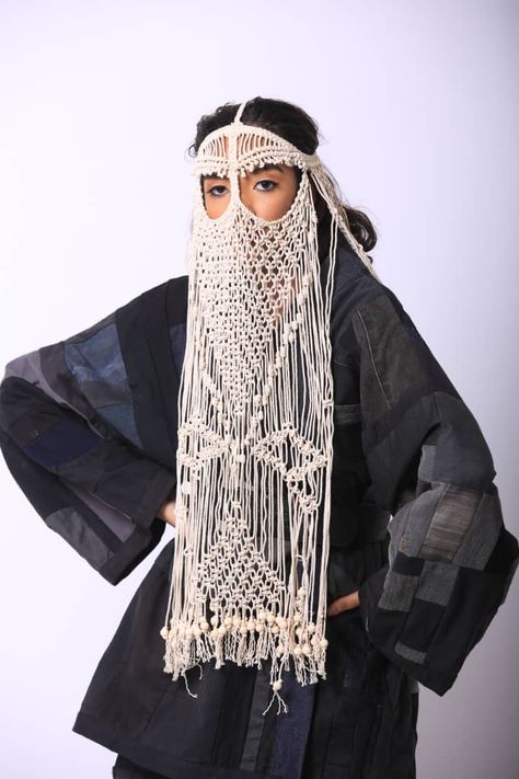 Mens Festival Fashion, Macrame Fashion, Deconstruction Fashion, Macrame Clothes, Macrame Wedding Backdrop, Boho Brand, Apocalyptic Fashion, Macrame Dress, Grace Jones