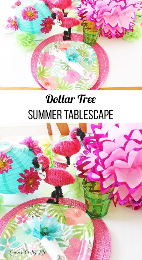 dollar tree summer tablescape party decorating idea for summer Dollar Tree Tropical Centerpieces, Dollar Tree Luau Decorations, Summer Party Centerpiece Ideas, Dollar Tree Party Decorations, Dollar Tree Crafts For Kids, Summer Party Centerpieces, Tree Party Decorations, Kids Luau Parties, Tree Crafts For Kids