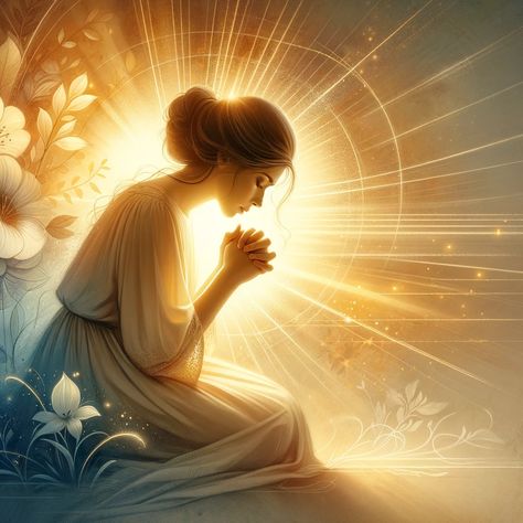 A serene and spiritual scene depicting a woman kneeling in prayer, her face filled with hope and love. She is surrounded by a warm, glowing light that symbolizes divine presence. In the background, subtle, abstract representations of positive changes, like blooming flowers or a sunrise, signify the transformation she is praying for in her husband. The image is designed to inspire bible readers, capturing the essence of faith, patience, and trust in God's plan. Pray Images, Woman Praying Images, Praying Images, Prayer Background, Protection Illustration, Women Praying, Prayer Wallpaper, Worship Images, God Plan