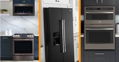 2021 Appliance Color Options - Black Stainless, Black Slate, & More! Black Slate Kitchen Appliances, Slate Appliances Kitchen Cabinet Colors, Ge Black Slate Appliances, Samsung Kitchen Appliances Black Stainless, Fridge In Kitchen, Lg Black Stainless Steel Appliances, Ge Slate Appliances, Black Refrigerator, Black Stainless Steel Appliances