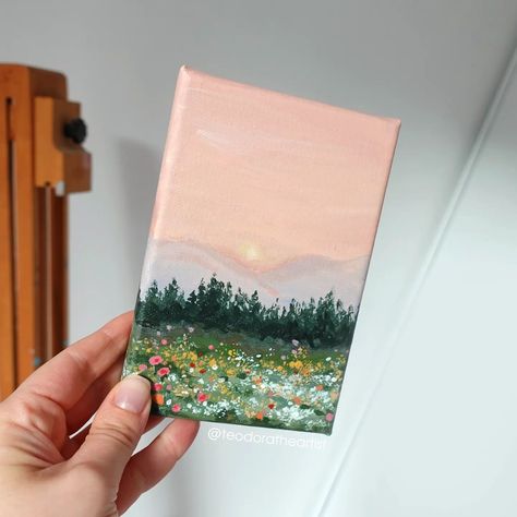 Spring = more colors 🌸⁠ ⁠ I couldn't resist painting a mini landscape with the vibrant colors of this season🌷⁠Swipe to see more photos and let me know what you think🌷🤗⁠ ⁠ the original painting is available for purchase on Etsy ✨ ⁠ ⁠ and in case you want to watch the steps of painting this mini landscape, there's a video on my YT channel ✨ link in my bio⁠ .⁠ .⁠ .⁠ .⁠ #minicanvas #minicanvaspainting #acrylicpaintingartist #acrylicpaintings #artistsonig #artstudio #artstudiolife #minipainting ... Cute Lil Paintings, Simple Landscape Painting Ideas, Acrylic Painting On Square Canvas, Cute Tiny Canvas Paintings, Mini Oil Painting Ideas, Painted Mini Canvas, Canvas Painting Ideas Mini, Mini Watercolour Painting, Small Acrylic Painting Ideas