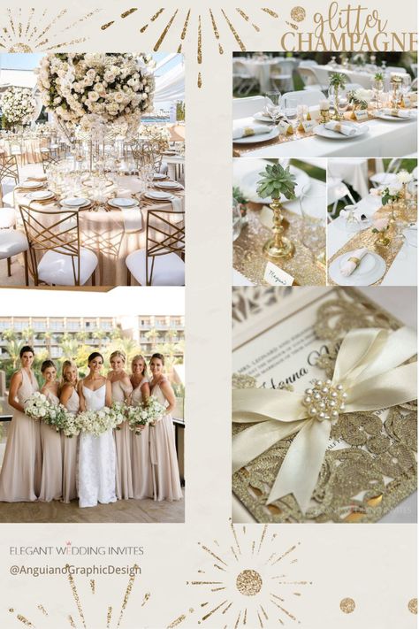 Champagne White Gold Wedding, Wedding Colour Schemes Champagne Color Combinations, Wedding Reception Champagne Color, Wedding Champagne Decorations, Champagne Beige Wedding, Wedding White And Champagne, Sage Ivory Champagne Wedding, Pearl And Champagne Wedding, Champagne Wedding Theme Flowers