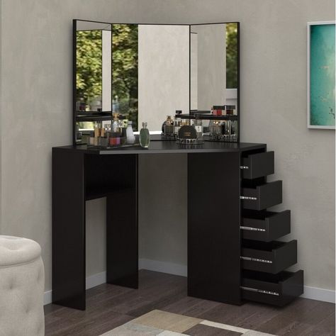 Black Vanity Table, College Rooms, Corner Makeup Vanity, Vanity Table With Lights, Corner Dressing Table, Makeup Vanity With Drawers, Dressing Table With Drawers, Corner Vanity, Vanity With Mirror