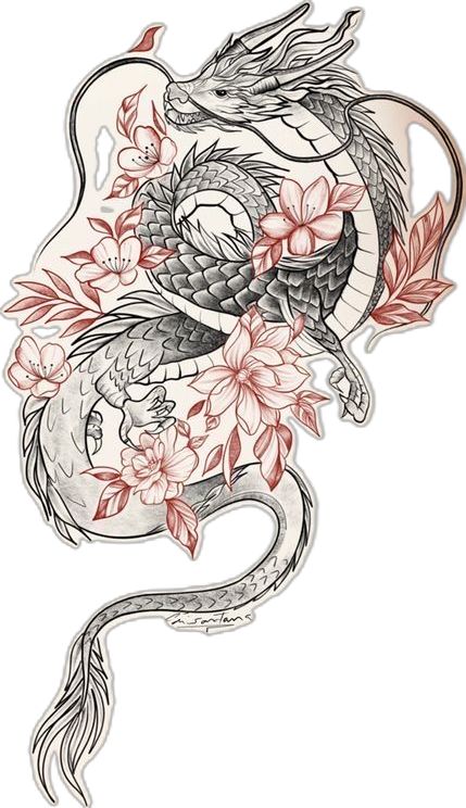 Dragon Tattoo Hip, Dragon Tattoo With Flowers, Dragon Tattoo Stencil, Dragon Thigh Tattoo, Red Flower Tattoos, Black Dragon Tattoo, Red Dragon Tattoo, Dragon Tattoo Art, Chinese Dragon Tattoos