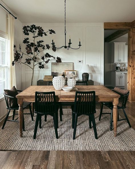 Modern Organic Dining Room Table, Dark Wood Dinning Table, Dinning Room Entry Way Entrance, Organic Modern Dining Room Table, Mcm Farmhouse Living Rooms, Earthy Modern Dining Room, Small Open Dining Room, Open Floor Plan Dining Room, Hannah House