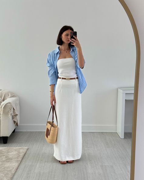 Same but different🤍 Some easy summer outfits, save for inspo #summeroutfitideas #whiteoutfits #maxiskirt Blue shirt, white skirt, wide jeans, loewe bag, summer bag, london blogger, city summer Blue Tshirt Outfit, White Maxi Skirt Outfit, Easy Summer Outfits, Blue Skirt Outfits, Blue And White Outfits, Shirt Outfit Summer, White Skirt Outfits, White Summer Outfits, Skirt Outfits Summer