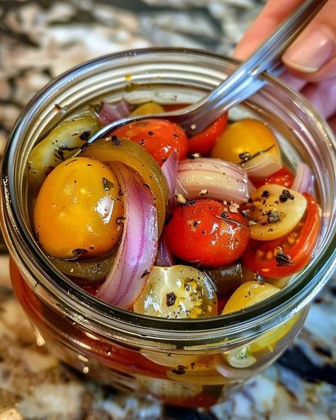 Pickled Cherry Tomatoes Red Onion, Pickled Cherry Tomatoes Red Onion Cucumber, Pickled Tomatoes And Cucumbers, Pickled Cherry Tomatoes, Pickle Onions, Pickling Cucumbers Recipe, Pickle Onions Recipe, Pickled Fruit, Quick Pickle