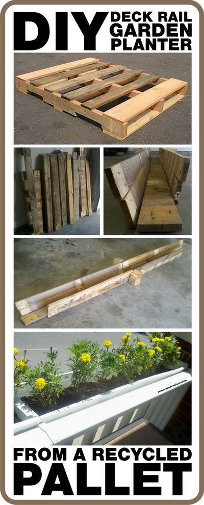 How To Make A DIY Deck Rail Garden Planter From A Recycled Wooden Pallet Railing Planter Boxes, Deck Railing Planters, Deck Planters, Garden Boxes Diy, Diy Pallets, Railing Planters, Cheap Backyard, Garden Ideas Cheap, Recycled Garden