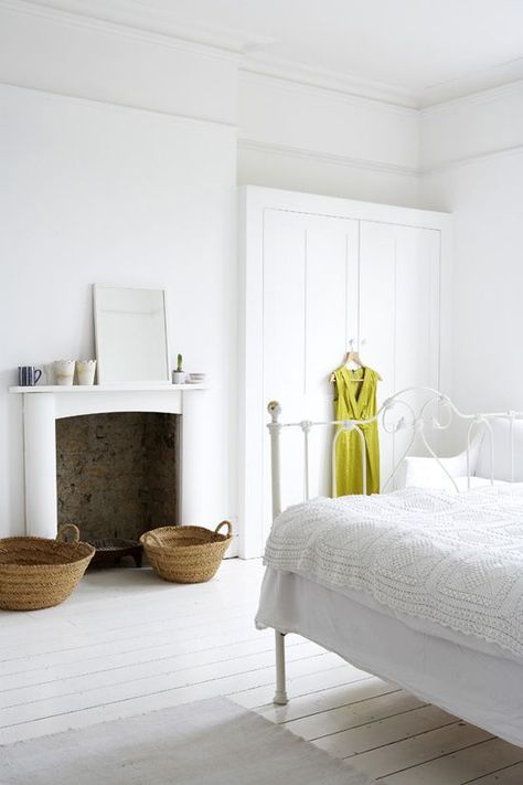 Prana Home | Bedroom Decorations White Washed Floors, All White Bedroom, Classic Fireplace, Bedroom Minimalist, Bedroom Fireplace, Master Bed, White Floors, White Rooms, White Bedroom