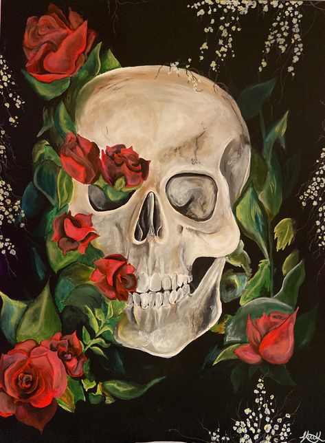 Skull Painting Aesthetic, Skull Paintings, Skeleton Painting Acrylic, Skull Painting With Flowers, Painting Skulls Acrylic, Skull Acrylic Painting, Skull And Roses Painting, Bull Artwork, Koi Painting