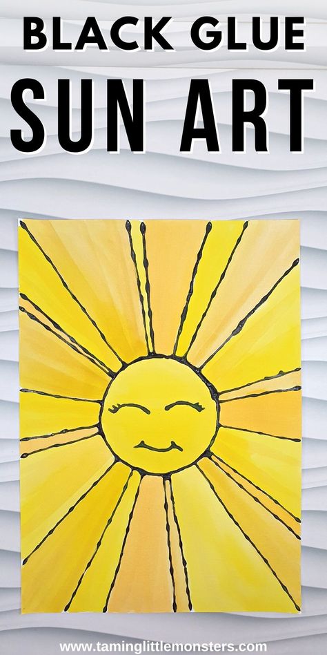 Sun Art For Kids, Collaborative Art Projects For Kids, Sunshine Crafts, Sun Crafts, Activity For Preschool, Black Glue, Glue Art, Kindergarten Art Projects, Sun Painting