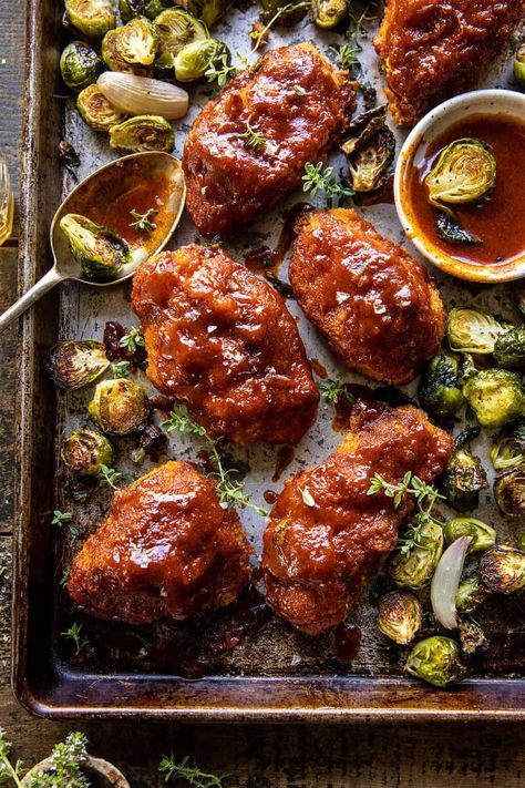 Sheet Pan Hot Honey Mustard Chicken and Crispy Brussels Sprouts | halfbakedharvest,com Hot Honey Mustard Chicken, Hot Honey Mustard, Maple Brussel Sprouts, Chicken Brussel Sprouts, Spicy Honey Chicken, Honey Dijon Chicken, Sprouting Sweet Potatoes, Crispy Brussels Sprouts, Chicken Boneless Breast Recipes