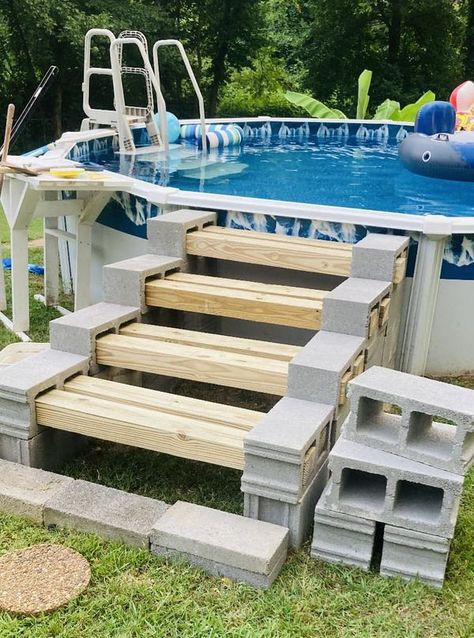 Above Ground Swimming Pools Group | Thanks for the ideas | Facebook Above Ground Pool Shelf, Above Ground Pool Stairs, House Backyard Ideas, Intex Above Ground Pools, Above Ground Pool Steps, Small Inground Pool, Path Lighting, Pool Deck Plans, Fun Backyard